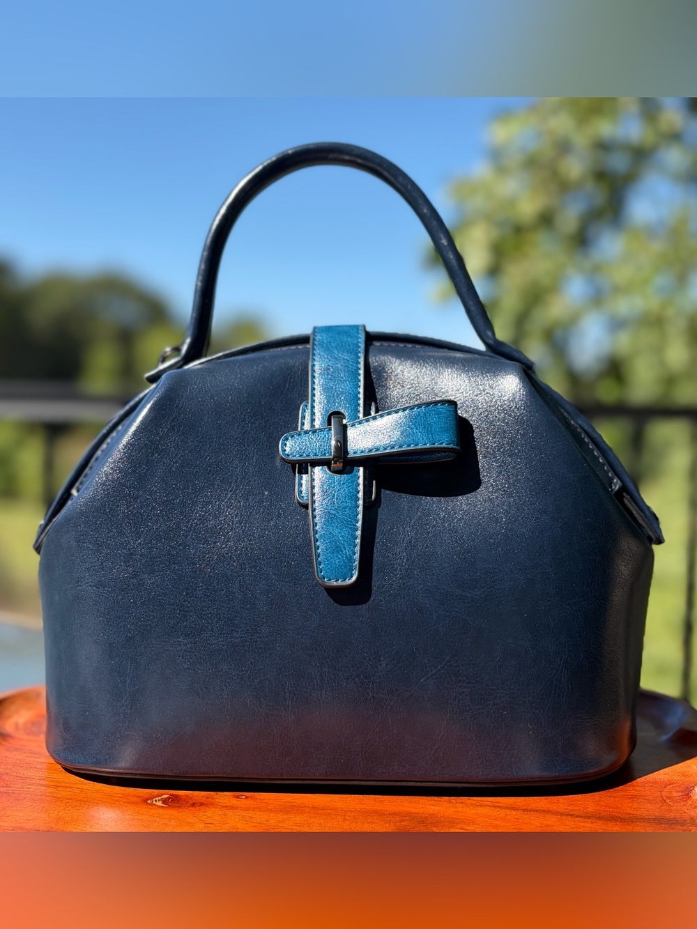 Doctor Bag Vintage-Style Blue Vegan Leather Top Handle Purse & Wallet Set - Picture 12 of 13